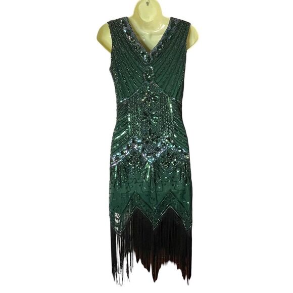 Metme Green Black Beaded 20s Flapper Dress Costume, size XS - Picture 4 of 8